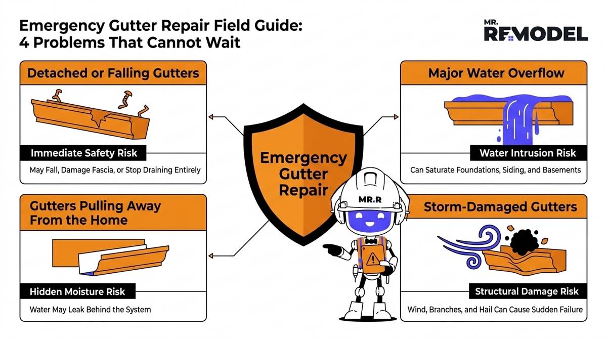 Emergency gutter repair assessment infographic showing four major gutter failures that require urgent attention.